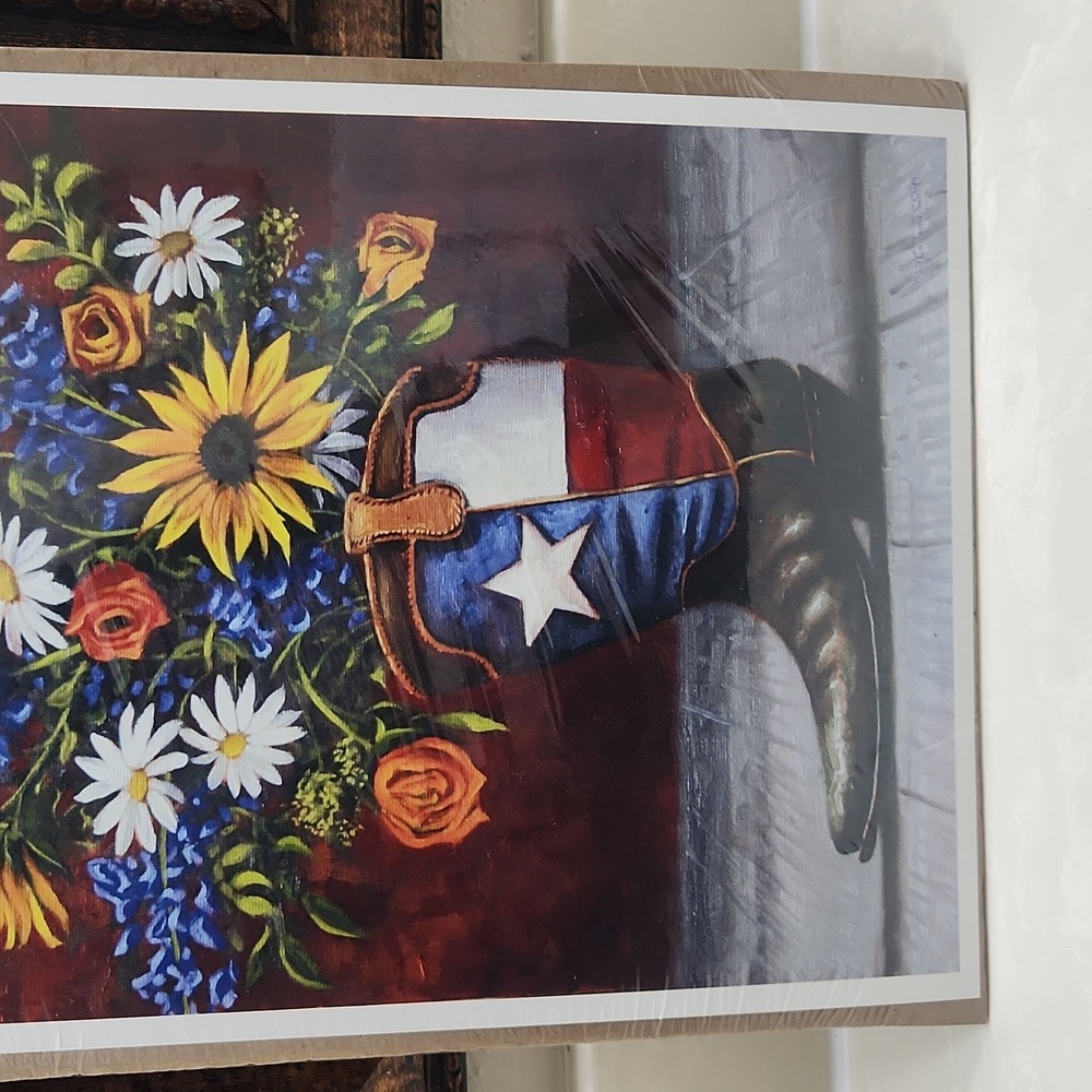 11 x 17 Texas Boot Artwork, Bluebonnet, Yellow Roses, Wildflowers Print - Picture 4 of 6